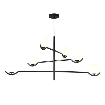 Moderner Mid-Century Eisen Langstab Glaskugel Schirm 4/6-flammiger Kronleuchter für Esszimmer 