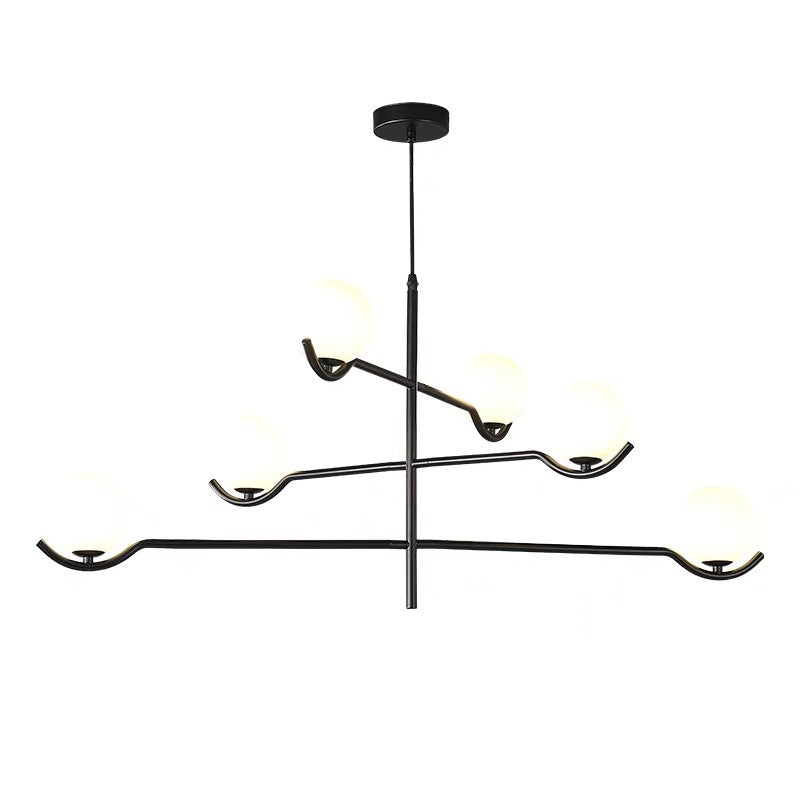 Moderner Mid-Century Eisen Langstab Glaskugel Schirm 4/6-flammiger Kronleuchter für Esszimmer 