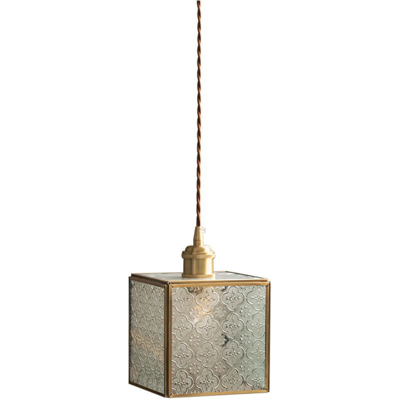 Traditional Vintage Clear Patterned Glass Cone Square Copper 1-Light Pendant Light for Living Room