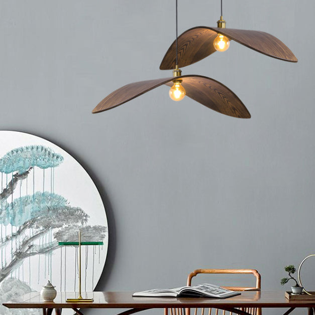 Traditionelle japanische Pendelleuchte mit 1 Licht und Walnussholzmaserung in Blattform für Esszimmer 