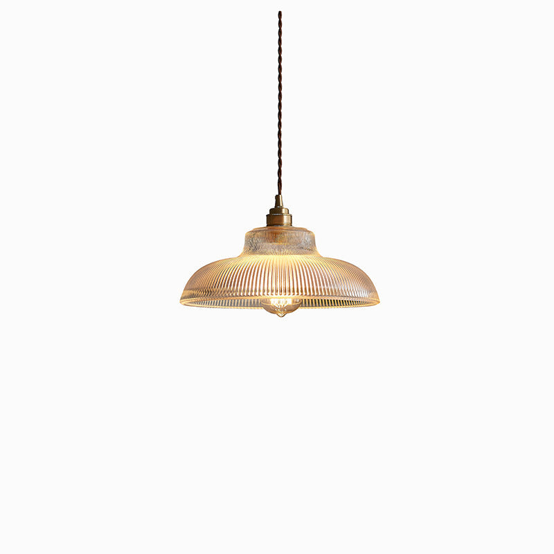 Traditionelle Vintage gerippte Glasscheibe Schirm Messing 1-flammige Pendelleuchte für Wohnzimmer 