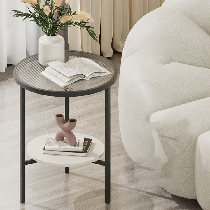 Moderner minimalistischer runder Couchtisch mit Tischplatte aus Glas, Eisen und Sinterstein, 1 Ablage, für das Wohnzimmer 