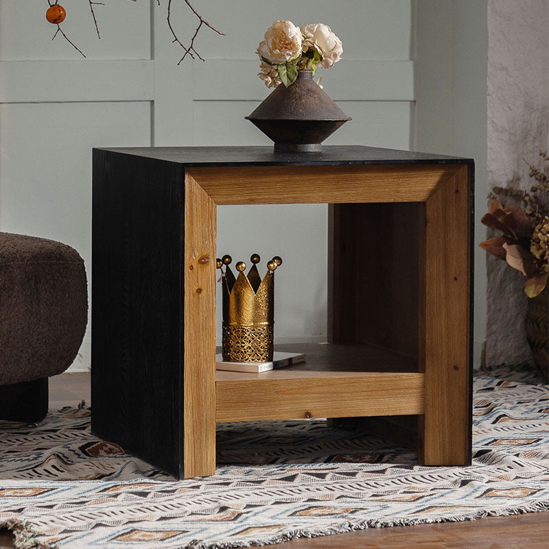 Traditional Vintage Square Frame Fir Wood MDF Veneer Side Table 1-Shelf For Living Room
