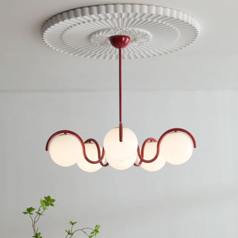 Moderner minimalistischer Kronleuchter mit geschwungenen Kugeln aus Metall und Glas mit 6 Lichtern für das Wohnzimmer 