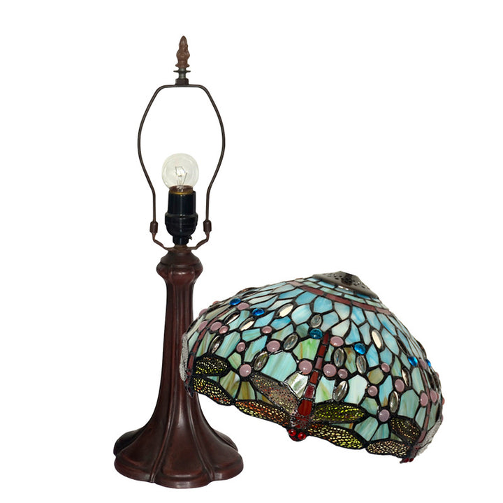 Lampe de table Tiffany traditionnelle en verre teinté en forme de tambour avec libellule, 1 lumière pour étude 