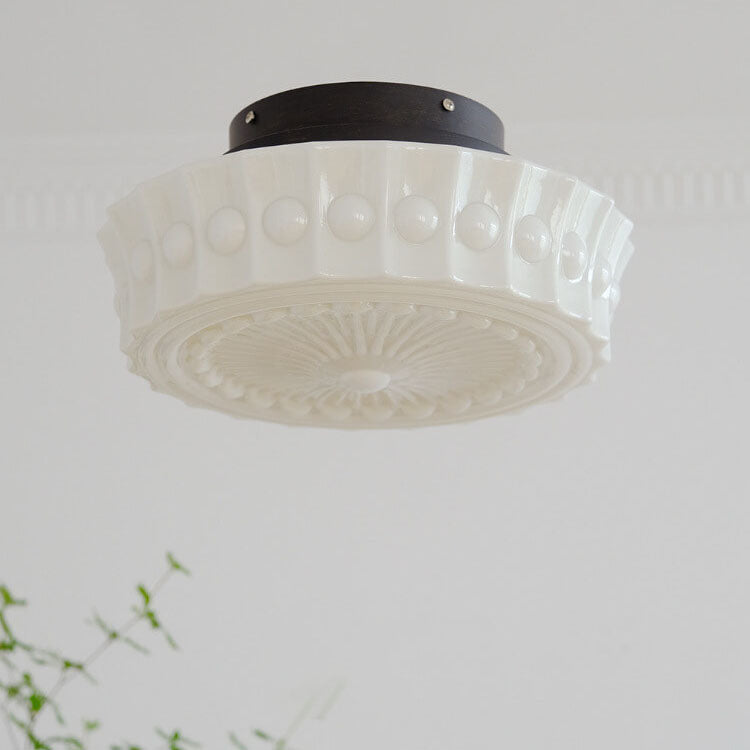 French Vintage White Jade Glass Stripes Round Drum 1-Light Semi-Flush Mount Ceiling Light