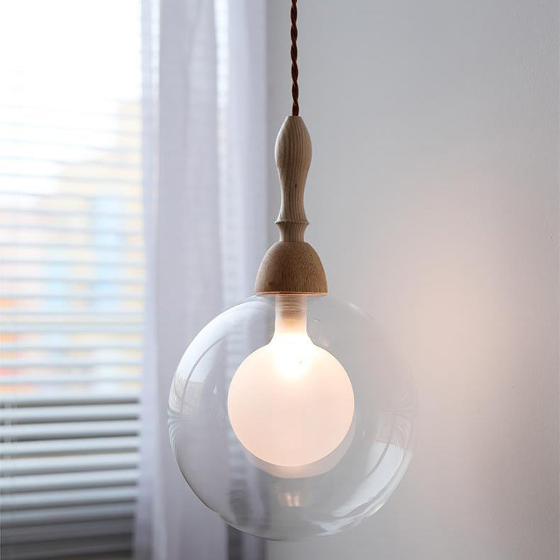 Lámpara colgante de 1 luz de vidrio y madera con forma de orbe japonés tradicional para sala de estar 