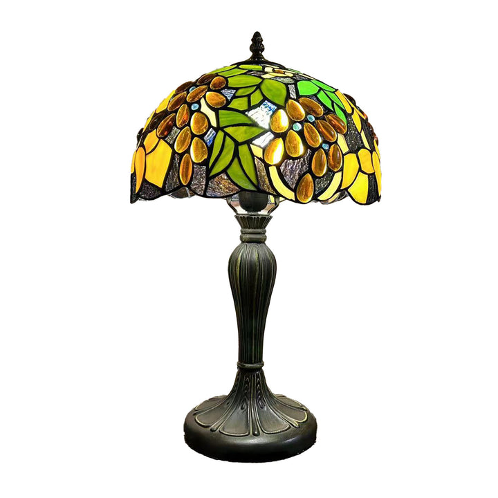 Lampe de table à 1 lumière avec dôme en verre métallique Tiffany traditionnel, motif raisin, fleur, libellule et papillon pour chevet 
