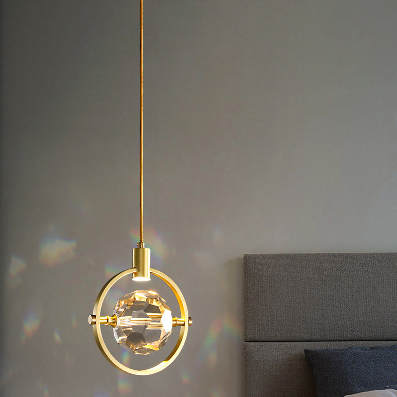 Modern Luxury Full Copper Circle Ring Crystal Ball 1-Light Pendant Light For Living Room