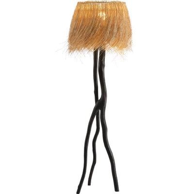 Lampe de sol 1 lumière avec base en résine de branche et abat-jour rond en tissage de bambou rustique traditionnel pour salles de divertissement 