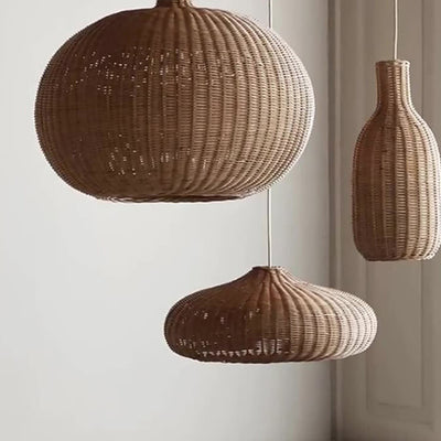 Japanese Vintage Rattan Weaving Round Oval Jar 1-Light Pendant Light