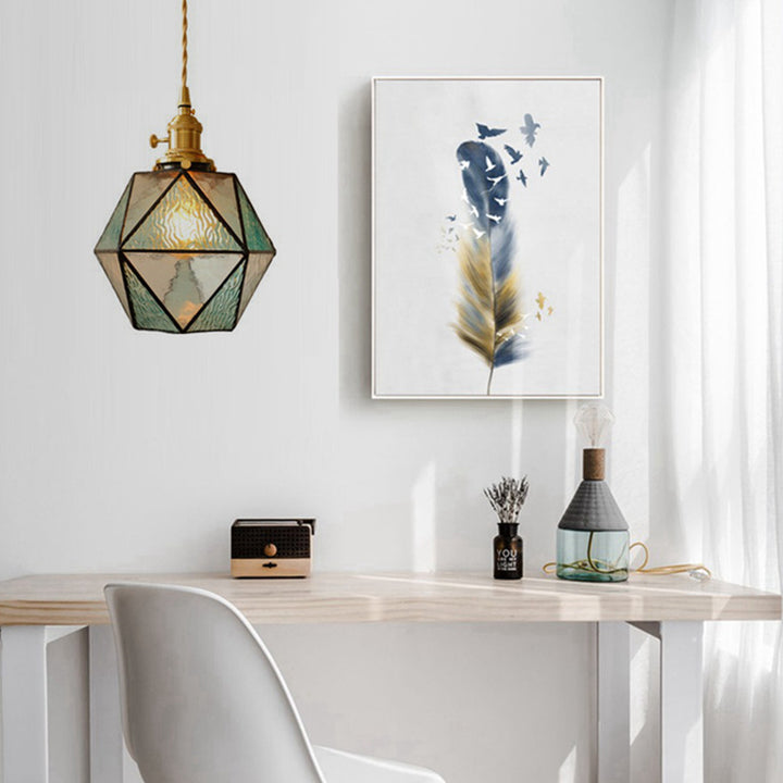 Traditional Tiffany Iron Brass Glass Polygonal Diamond 1-Light Pendant Light For Dining Room