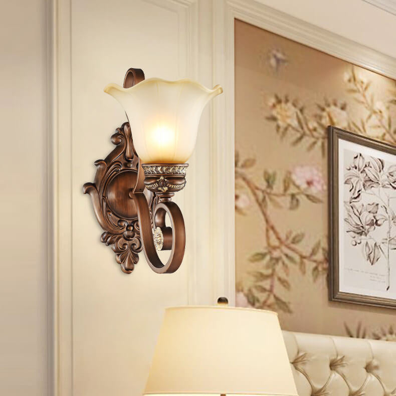 Traditional Vintage Iron Glass Flower Shape 1-Light Wall Sconce Lamp For Hallway