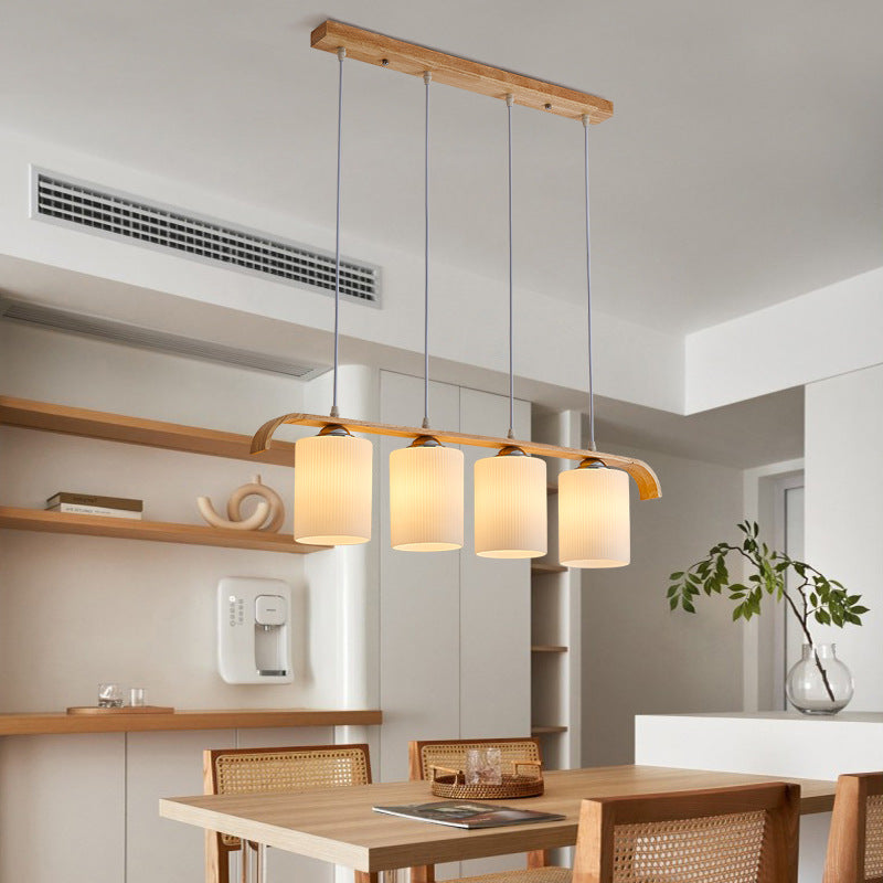Zeitgenössischer skandinavischer langer Zylinder aus Glas und Holz mit 4 Lichtern, Inselleuchter für Wohnzimmer 