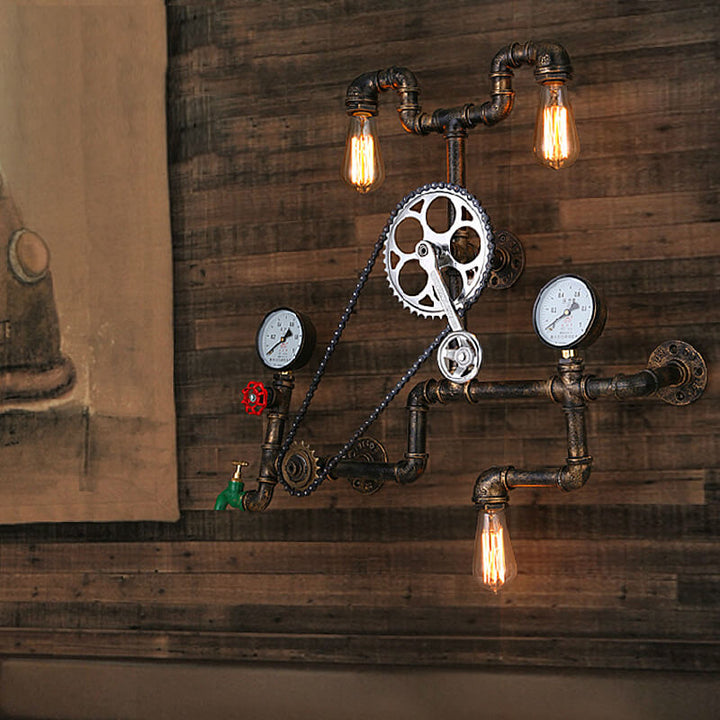 Contemporary Industrial Iron Plumbing Gear 3-Light Wall Sconce Lamp For Living Room