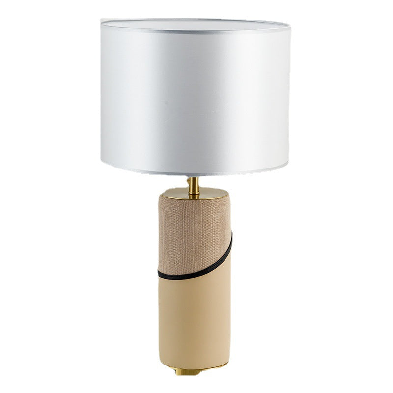 Moderne Übergangsstoff Schatten Leder Zylinder Basis 1-Licht Tischlampe für Schlafzimmer 