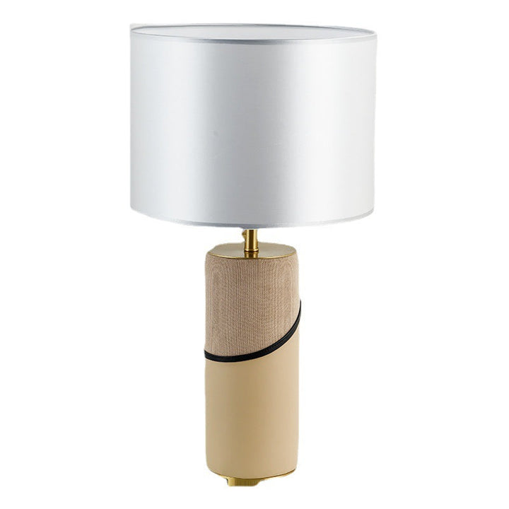 Moderne Übergangsstoff Schatten Leder Zylinder Basis 1-Licht Tischlampe für Schlafzimmer 