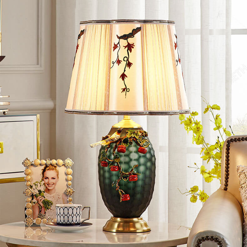 Retro Chinesische Kupfer Emaille Farbe Stoffschirm 1-Licht Tischlampe 