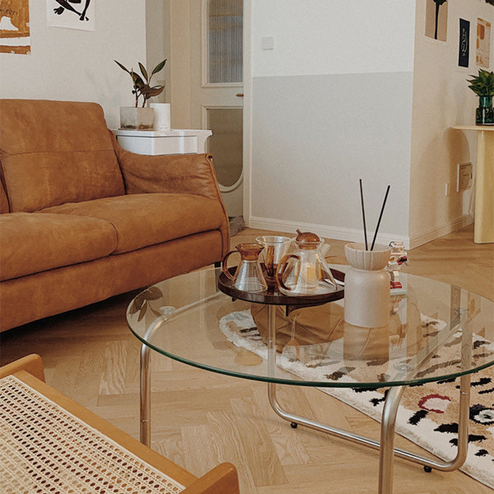 Modern Minimalist Round Glass Stainless Steel Base Coffee Table For Living Room