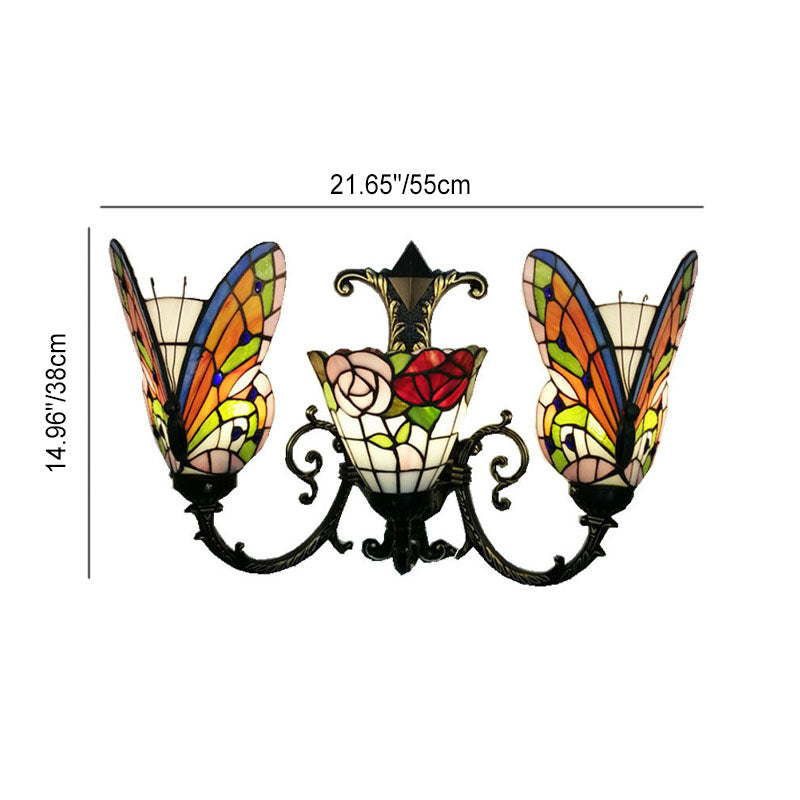 Traditional Tiffany European Butterfly Alloy Iron Glass 3-Light Wall Sconce Lamp For Hallway