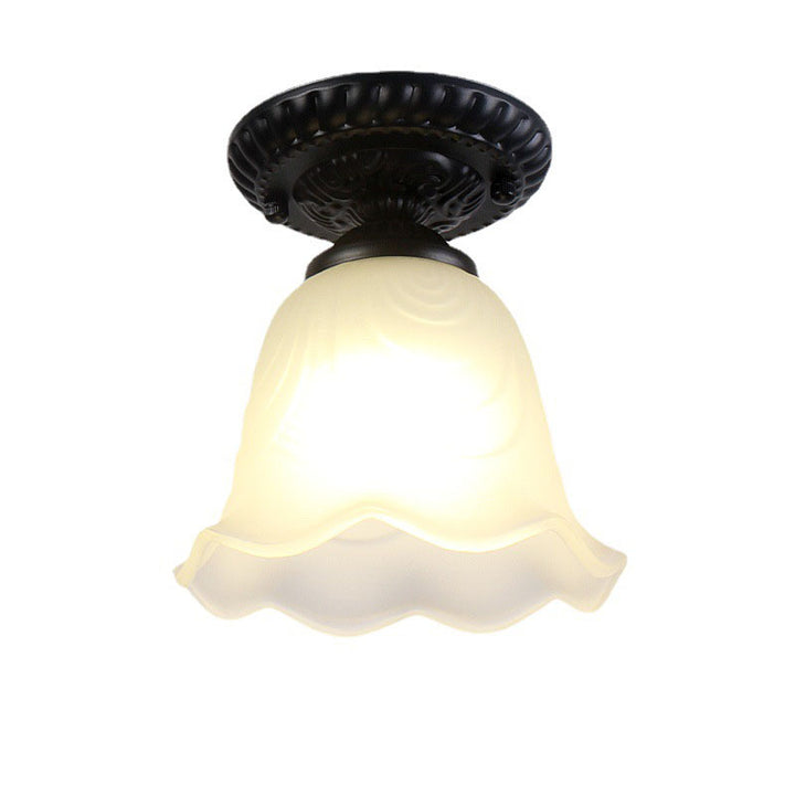 Plafonnier semi-encastré à 1 lumière en verre et fer rond à fleurs rétro contemporain pour couloir 