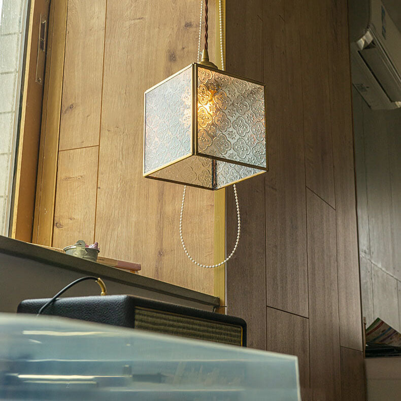 Traditional Vintage Clear Patterned Glass Cone Square Copper 1-Light Pendant Light for Living Room