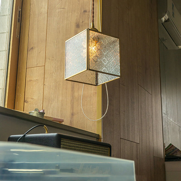 Traditional Vintage Clear Patterned Glass Cone Square Copper 1-Light Pendant Light for Living Room