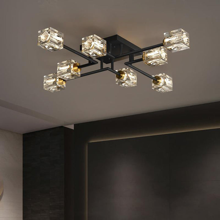Luminaire de plafond semi-encastré contemporain de luxe branche rectangulaire en cuivre massif avec cristal 4/6/8 lumières pour salon 