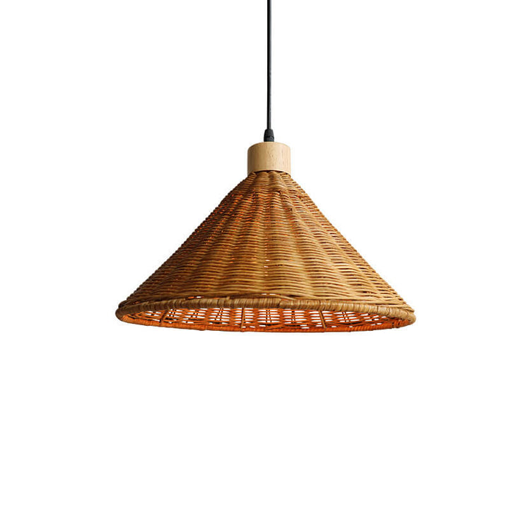 Moderne skandinavische Pendelleuchte mit Rattangeflecht, Eisen und Holz in Kegelform, 1-flammig, für das Wohnzimmer 