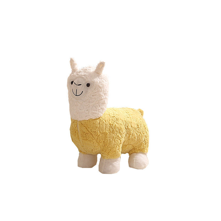 Moderner kreativer Fußhocker mit Rückenlehne im Alpaka-Design aus Teddyfleece für das Wohnzimmer 