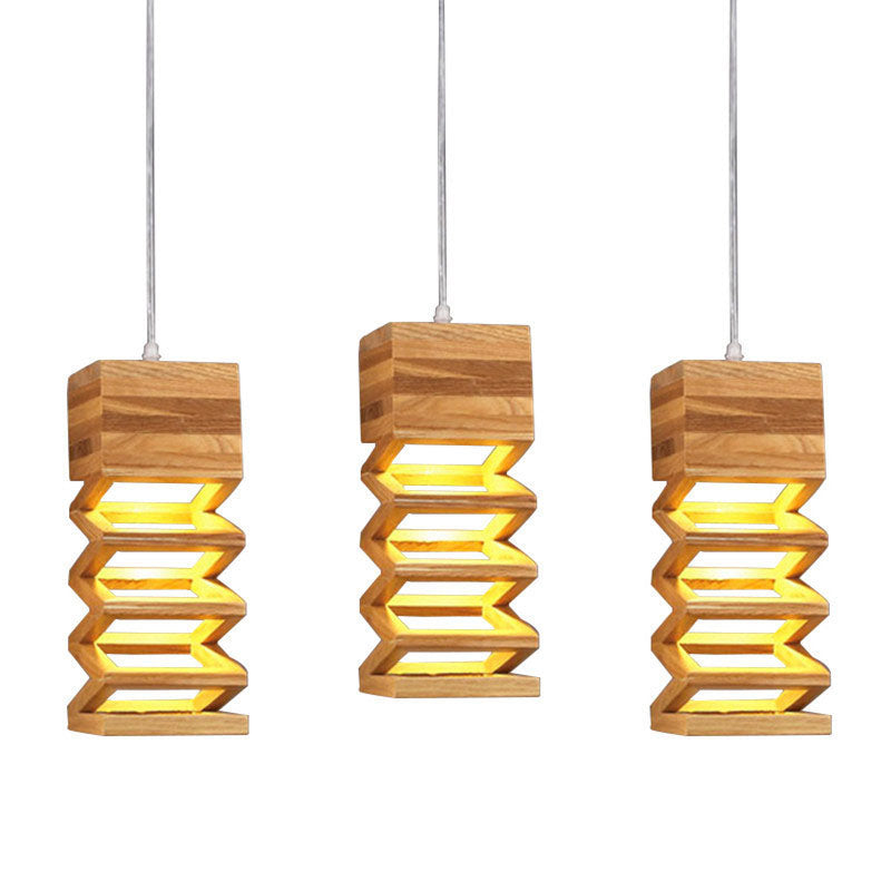 Traditional Japanese Wooden Spring Cube Shade 1-Light Pendant Light For Dining Room