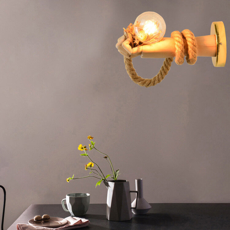 Vintage kreative Handform-Lampe Arm Hanfseil Zwirn 1-Licht Wandleuchte 