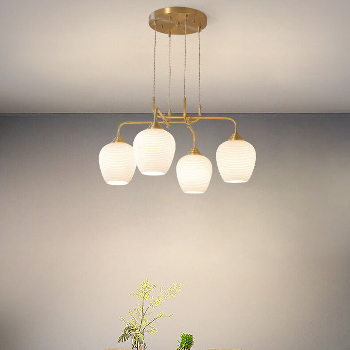 Moderno candelabro redondo de transición de latón con vidrio de 4 luces para sala de estar 