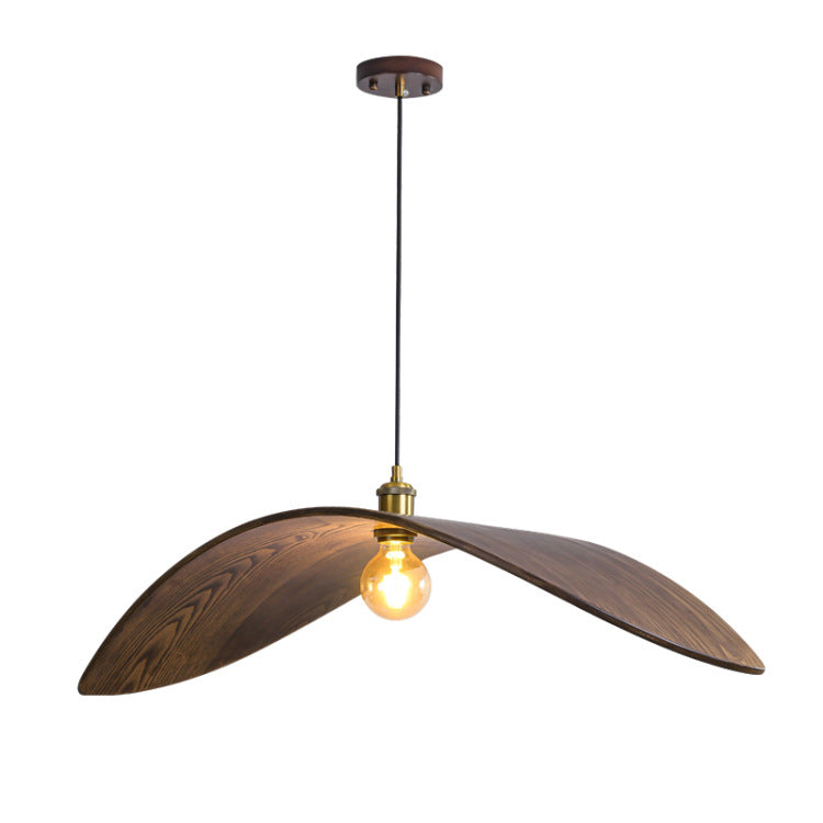 Traditionelle japanische Pendelleuchte mit 1 Licht und Walnussholzmaserung in Blattform für Esszimmer 