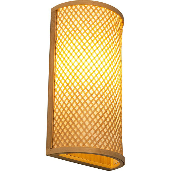 Applique murale à 2 lumières en bambou cylindrique semi-circulaire tissée à la japonaise traditionnelle pour chevet 