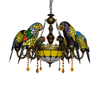 Tiffany Light Luxury Stained Glass Parrot 8-Light Chandelier