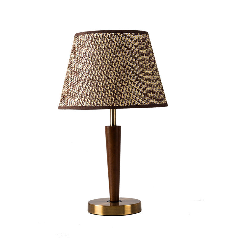 Traditionelle Vintage Stoff Runde Schatten Holz Metall Basis 1-Licht Tischlampe für Schlafzimmer 