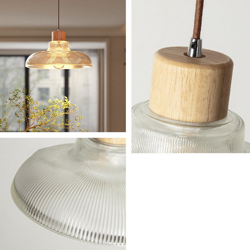 Zeitgenössische Retro Holz Vertikal Glas Runde Schatten 1-Licht Pendelleuchte für Wohnzimmer 