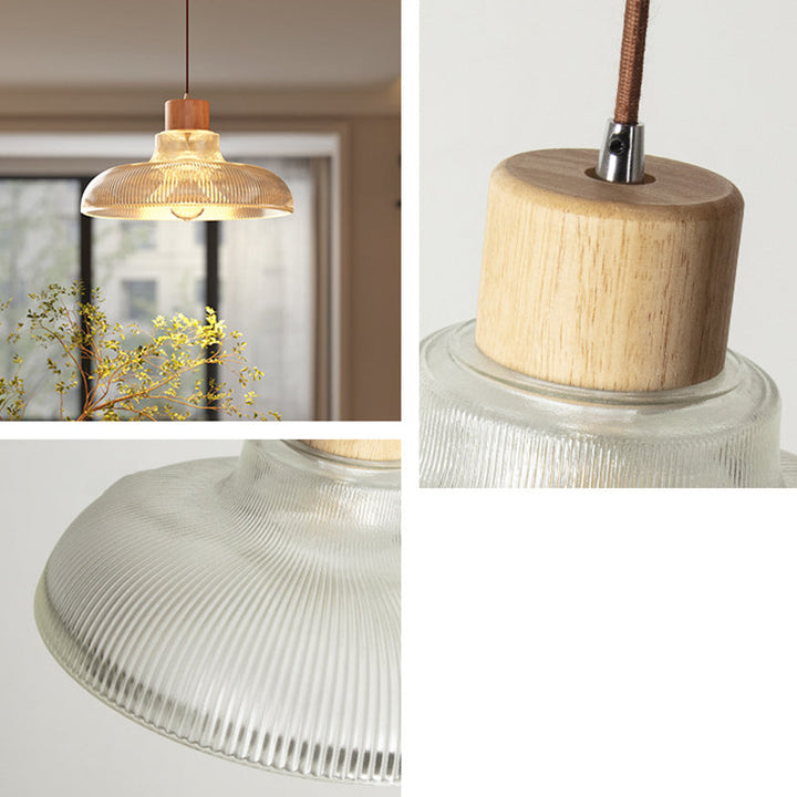 Zeitgenössische Retro Holz Vertikal Glas Runde Schatten 1-Licht Pendelleuchte für Wohnzimmer 