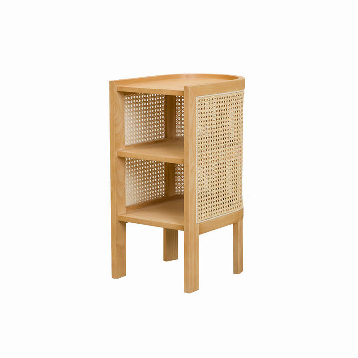 Traditional Japanese Weaving Semicircular Elliptical Faux Rattan Ash Wood Nightstand 2-Storage For Bedside