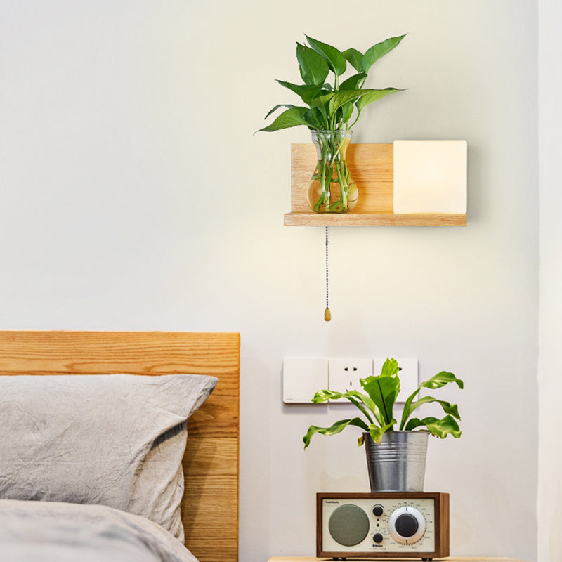 Moderne minimalistische rechteckige Zylinder Orb Glas Holz 1-Licht Wandleuchte Lampe für Wohnzimmer 