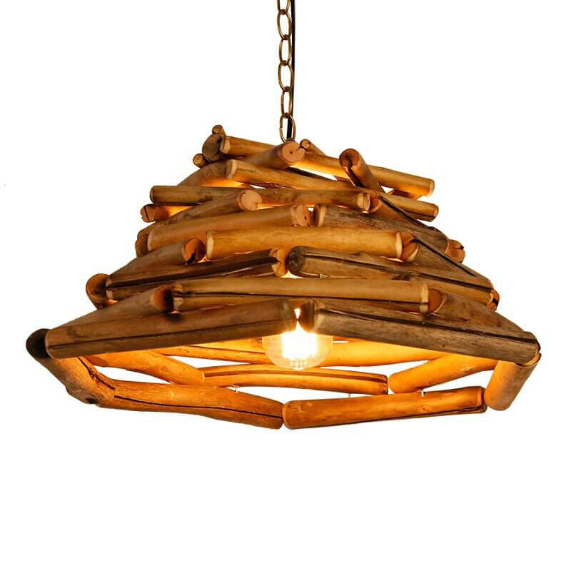 Traditional Vintage Solid Wood Iron Tree Branch Cone 1-Light Pendant Light for Living Room