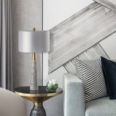 Abat-jour en tissu simple moderne, base en marbre gris, lampe de table à 1 lumière 