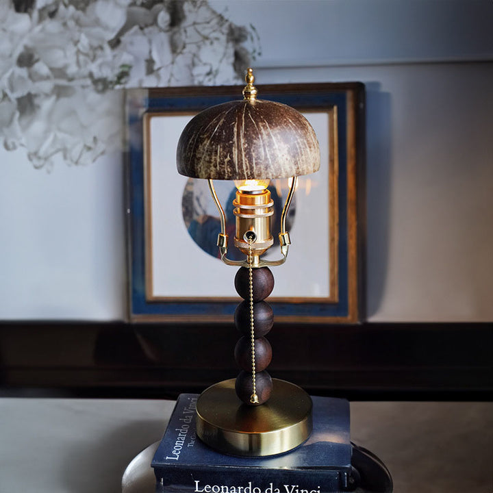 Lampe de table traditionnelle vintage en bois avec une coque de noix de coco pour chambre à coucher, 1 lumière 