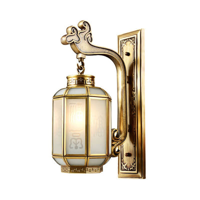 Chinese Retro Full Copper Lantern Frosted Glass Shade 1-Light Wall Sconce Lamp