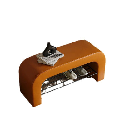 Banc de rangement moderne minimaliste en agneau rectangulaire long en cuir PU avec fer, 1 étagère pour les entrées 