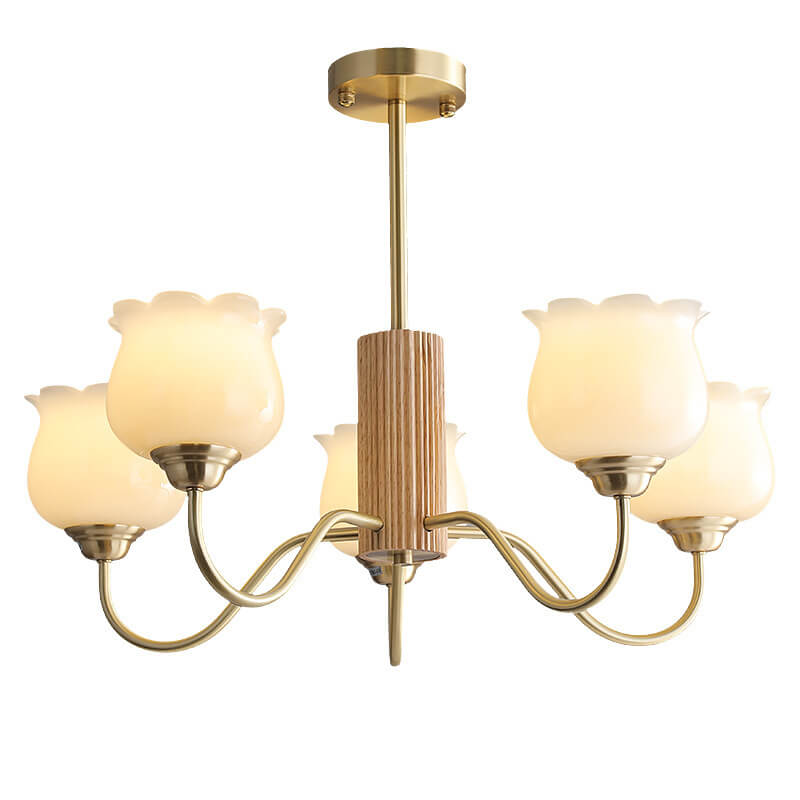French Light Luxury Full Copper Wood Frame Bell Orchid Resin 5-Light Chandelier