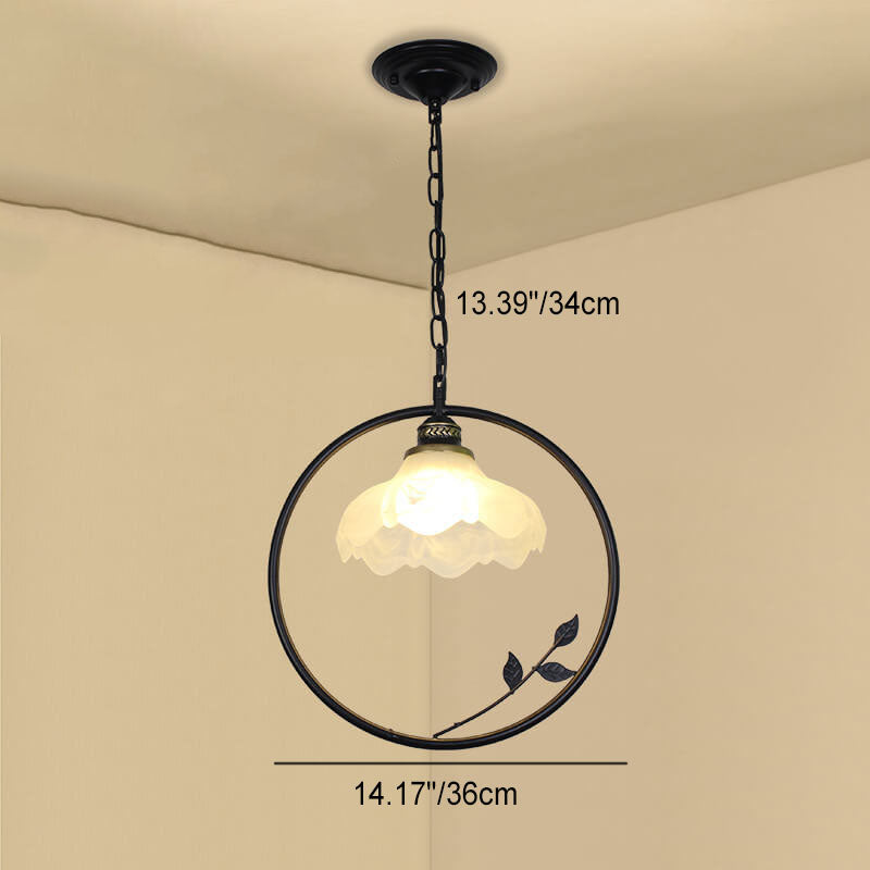 Creative Flower Bud Glass Shade Circle Ring Wrought Iron 1-Light Pendant Light