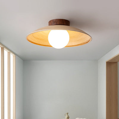 Traditional Japanese Woodgrain Disc Glass Shade 1-Light Semi-Flush Mount Ceiling Light For Hallway