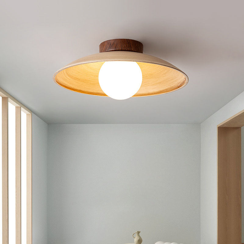Traditional Japanese Woodgrain Disc Glass Shade 1-Light Semi-Flush Mount Ceiling Light For Hallway